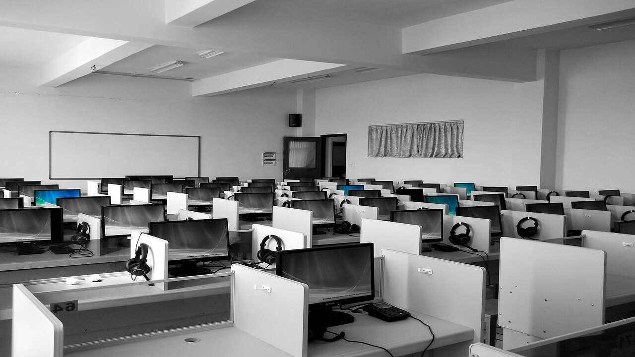 An empty office with mostly gray tones